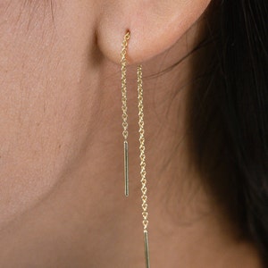 Long Bar Threader Earrings, 14K Solid Gold Long Chain Earrings, Dainty Dangle Bar Earrings, Bar Drop With Delicate Chain