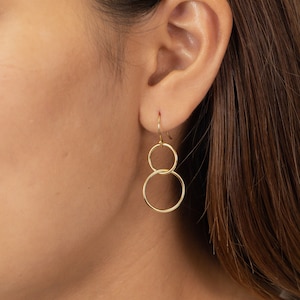 Double Circle Dangle Earrings, Two Interlocked Double Circle Drop Earrings, 14K Solid Gold Hoop Earrings, Minimalist Earrings