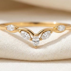 Curved Marquise Moissanite Band | Gold V-Shaped Crown Ring | Wedding Enhancer Stackable Ring