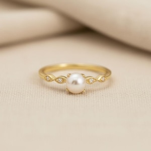 Anillo de compromiso de perlas y diamantes, piedra natal de junio, anillo de perlas, anillo de promesa único de oro de 18k, anillo marquesa