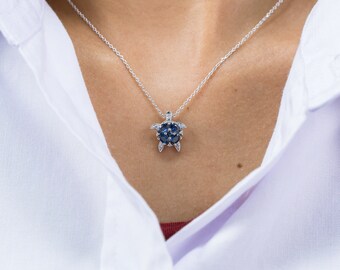 Blue Sapphires Turtle Necklace, 14K Yellow Gold Turtle Pendant Necklace, Animal Jewelry, September Birthstone, Good Luck Charm