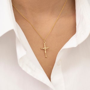 Crucifix Cross Necklace, 14k Solid Gold Crucifix Pendant Necklace, Minimalist Cross Jewelry for Women, Religious Necklace