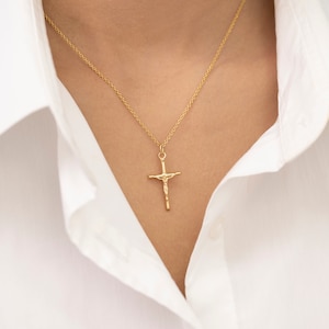 Crucifix Cross Necklace, 14k Solid Gold Crucifix Pendant Necklace, Minimalist Cross Jewelry for Women, Religious Necklace