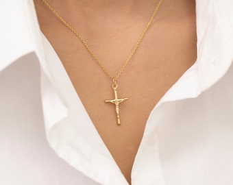 Crucifix Cross Necklace, 14k Solid Gold Crucifix Pendant Necklace, Minimalist Cross Jewelry for Women, Religious Necklace