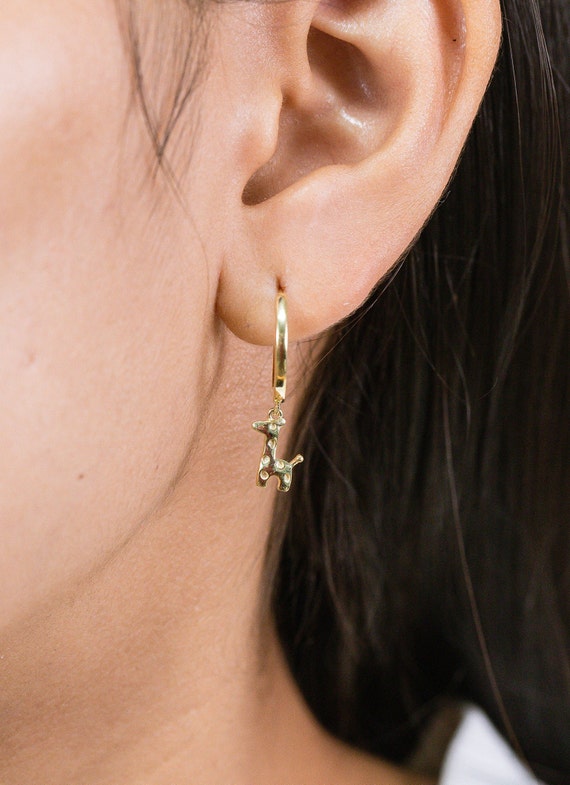 Dangle Drop Giraffe Hoop Earrings 14K Solid Gold Huggies Hoops Giraffe Earrings Animal Earrings Gift for Animal Lovers Etsy