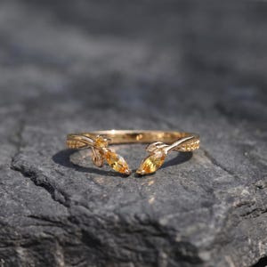 Citrin-Ring mit offener Weinrebe, Gold, Marquise-Blatt-Ring, Geburtssteinring für November, Naturinspirierter Stapelring