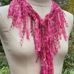 Pink scarf for women, Sparkly scarf necklace, Fun hippie scarf, Bright pink accessories, Fringe scarf, Timeless gift for mom, Eclectic scarf