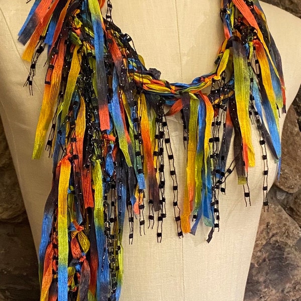 Colorful scarf for women, Ribbon scarf necklace, Fancy multicolor scarf, Colorful accessories, Best gifts under 30 for mom, Fabric necklace