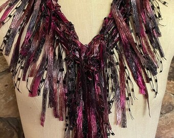 Burgundy Black Ribbon Scarf Necklace, Whimsy Scarf, Fall Accessories, Romantic Gothic