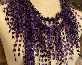 Purple fringe scarf for women, Lightweight scarf necklace, Unique fabric necklace, Purple accessories, Art scarf, Timeless gift for wife