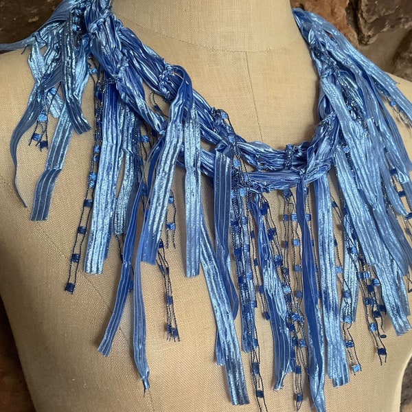 Blue scarf for women, Unique scarf, Scarf necklace, Scarf gift for women, Resort wear, Textile necklace, Ribbon scarf, Elegant accessories,
