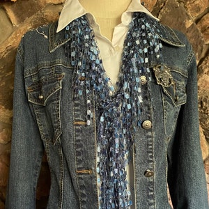 Denim scarf for women, Western gifts, Textile necklace, Scarf necklace, Blue jean scarf, Denim accessories, Western scarf, Ladder yarn scarf