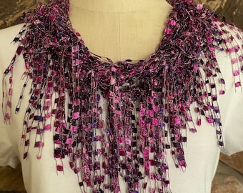 Hand Knitted Magenta Ribbon Scarf Necklace, Purple Lilac Metallic Bling Accessory