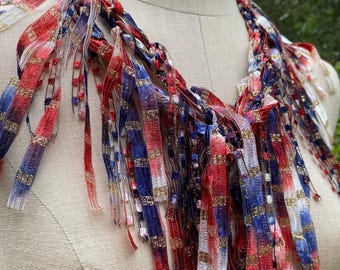 Red White Blue Ribbon Scarf Necklace, 4th of July Accessories, Patriotic Independence Day Scarf Jewelry,