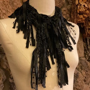 Black scarf with fringes for women, Dress scarf, Boho chic accessories, Ribbon scarf, Elegant gifts for women, Gothic accessory, Lightweight