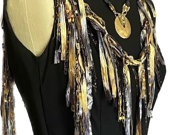 Black and gold scarf for women, Scarf necklace, Elegant scarf, Statement accessories, Unique gift for her, Ribbon scarf, Best gift under 30