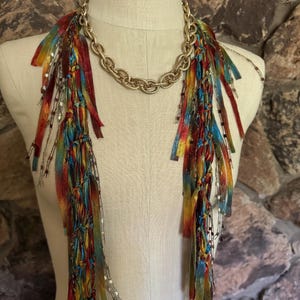 Earth toned scarf necklace, Copper Moss Green and Blue Ribbon Scarf, Art to wear gift image 4