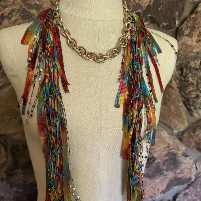 Earth toned scarf necklace, Copper Moss Green and Blue Ribbon Scarf, Art to wear gift image 4