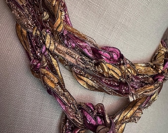 Pink and Gold  Ribbon Scarf Belt, Boho Accessories, Skinny Scarf Necklace