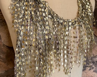 Golden Ribbon Scarf Necklace, Sparkly Holiday Accessory, Flapper Style Dress Fabric Jewelry