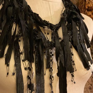 Black scarf with fringes for women, Dress scarf, Boho chic accessories, Ribbon scarf, Elegant gifts for women, Gothic accessory, Lightweight image 7