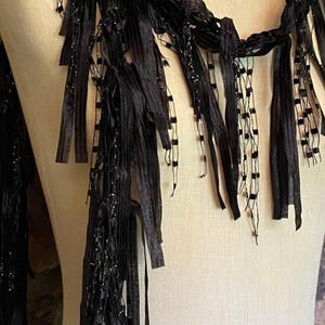 Black scarf with fringes for women, Dress scarf, Boho chic accessories, Ribbon scarf, Elegant gifts for women, Gothic accessory, Lightweight image 3