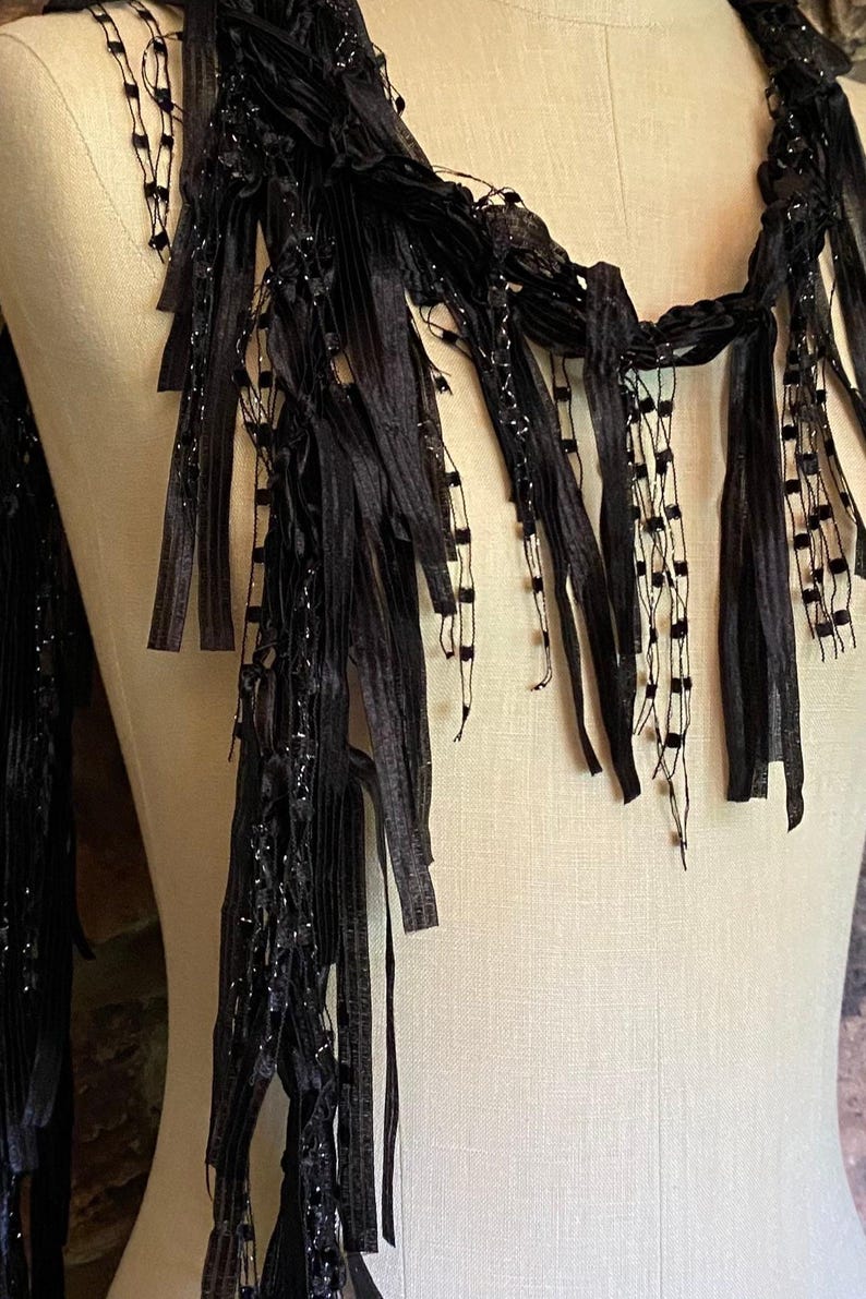 Black scarf with fringes for women, Dress scarf, Boho chic accessories, Ribbon scarf, Elegant gifts for women, Gothic accessory, Lightweight image 3