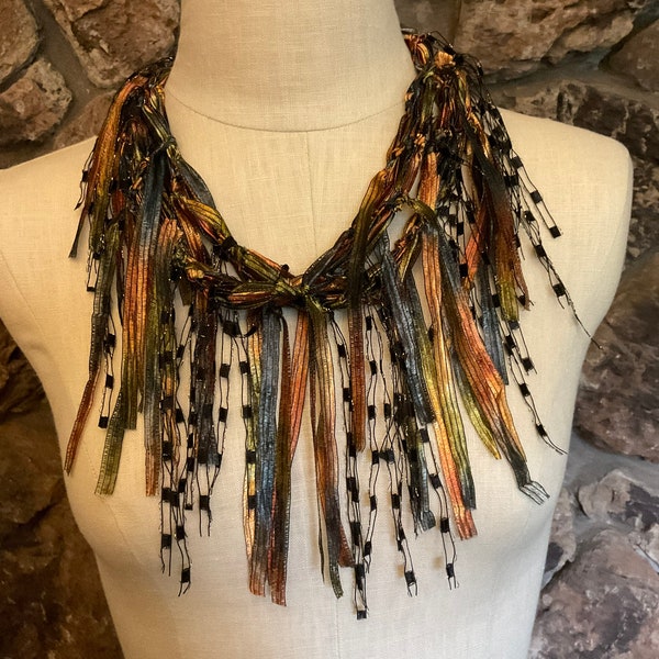 Brown scarf, Scarf necklace, Black scarf, Scarf gift for women, Unique accessories, Ribbon scarf, Fringe scarf, Dress accessories,Scarflette