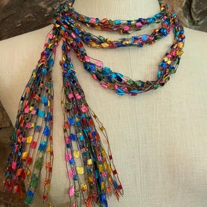 Rainbow scarf for women, Fringed boho scarf belt, Fabric jewelry, Lightweight belt, Unique gift for women, Multicolor skinny scarf necklace