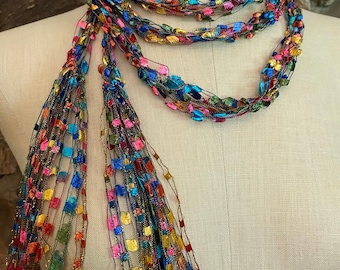 Rainbow scarf for women, Fringed boho scarf belt, Fabric jewelry, Lightweight belt, Unique gift for women, Multicolor skinny scarf necklace