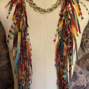 Earth toned scarf necklace, Copper Moss Green and Blue Ribbon Scarf, Art to wear gift image 10