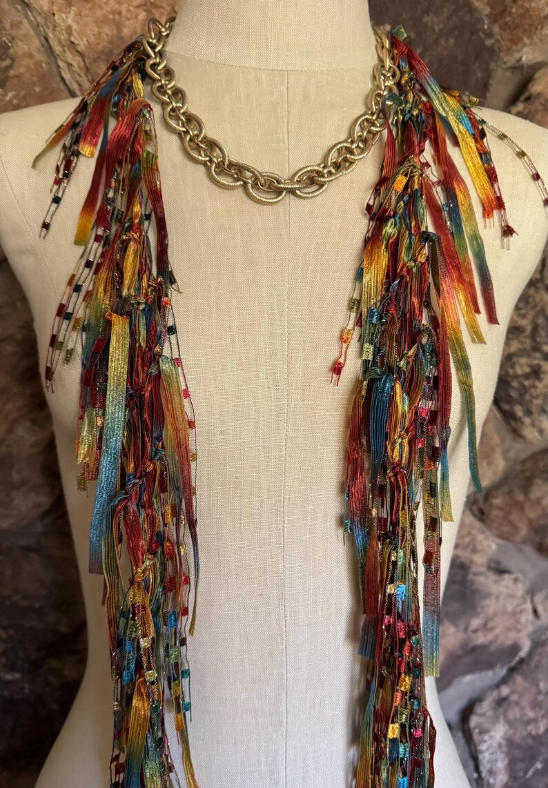 Earth toned scarf necklace, Copper Moss Green and Blue Ribbon Scarf, Art to wear gift image 10
