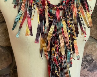 Red green scarf, Scarf necklace, Black scarf, Fancy scarf, Crazy scarves, Unique gifts for coworkers, Fringe scarf, Textile necklace