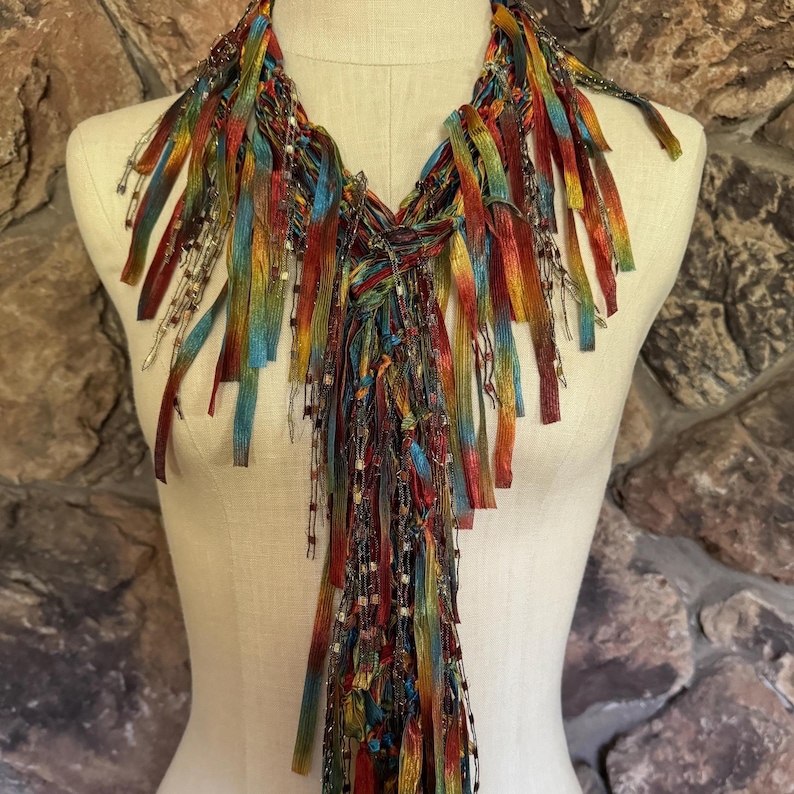 Earth toned scarf necklace, Copper Moss Green and Blue Ribbon Scarf, Art to wear gift image 7