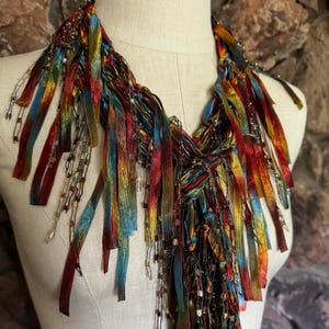 Earth toned scarf necklace, Copper Moss Green and Blue Ribbon Scarf, Art to wear gift image 11