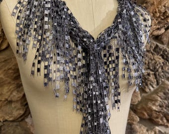 Silver Gray Fringed Scarf Necklace, Unique Accessories, Unique Gifts for Her, Handmade Fiber Jewelry