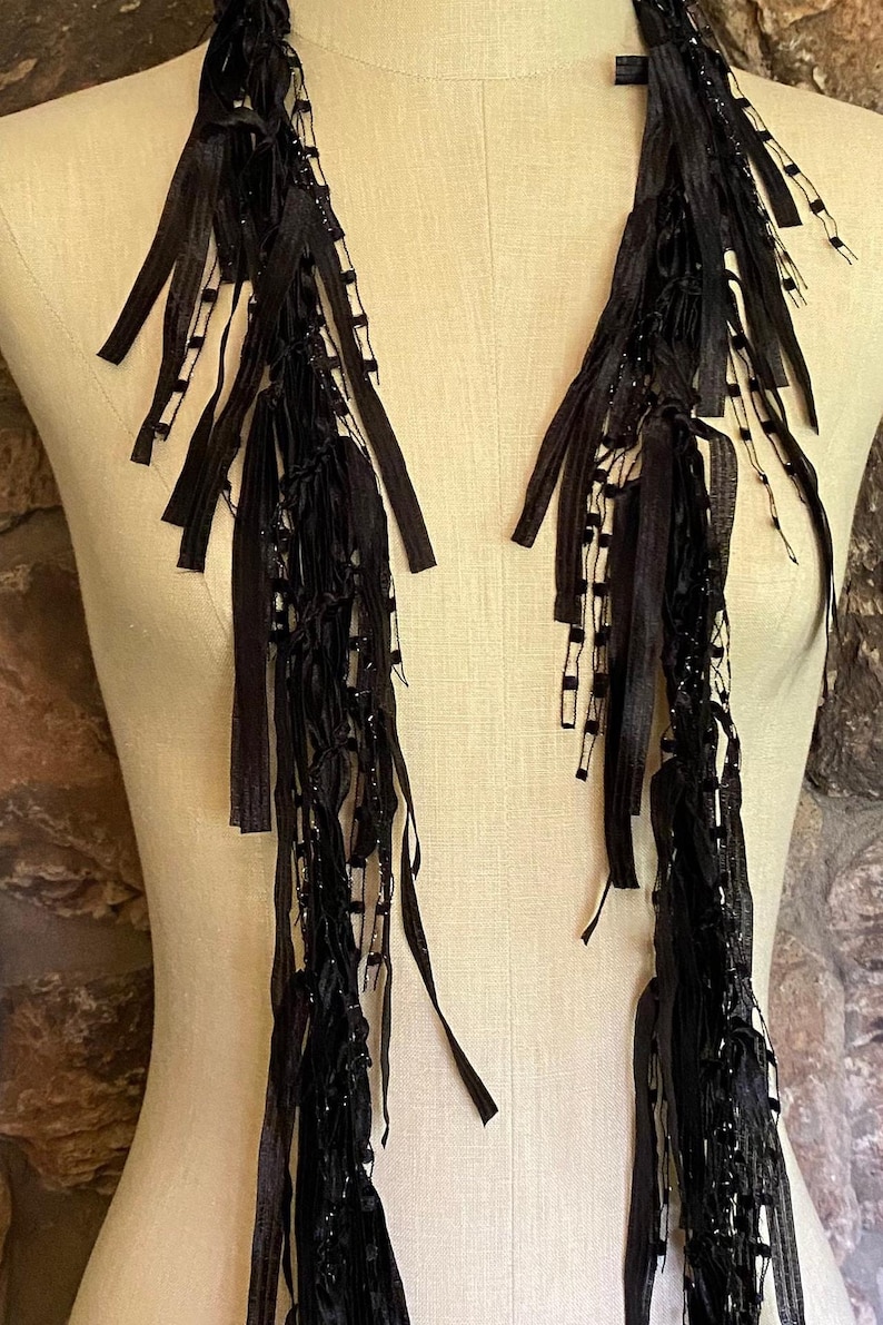 Black scarf with fringes for women, Dress scarf, Boho chic accessories, Ribbon scarf, Elegant gifts for women, Gothic accessory, Lightweight image 4