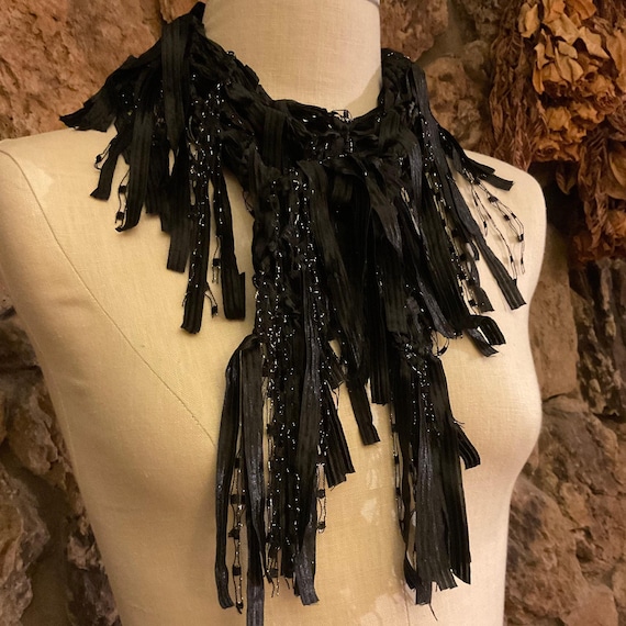 Black scarf with fringes for women, Dress scarf, Boho chic accessories, Ribbon scarf, Elegant gifts for women, Gothic accessory, Lightweight
