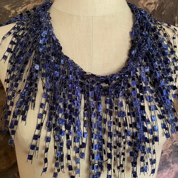 Navy blue scarf for women, Unique gift for women who have everything, Dark blue scarf, Scarf necklace, Elegant scarf, Fringe scarflette,