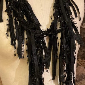 Black scarf with fringes for women, Dress scarf, Boho chic accessories, Ribbon scarf, Elegant gifts for women, Gothic accessory, Lightweight image 6