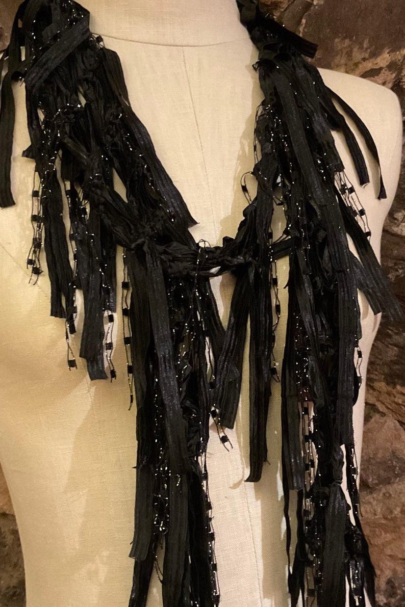 Black scarf with fringes for women, Dress scarf, Boho chic accessories, Ribbon scarf, Elegant gifts for women, Gothic accessory, Lightweight image 6