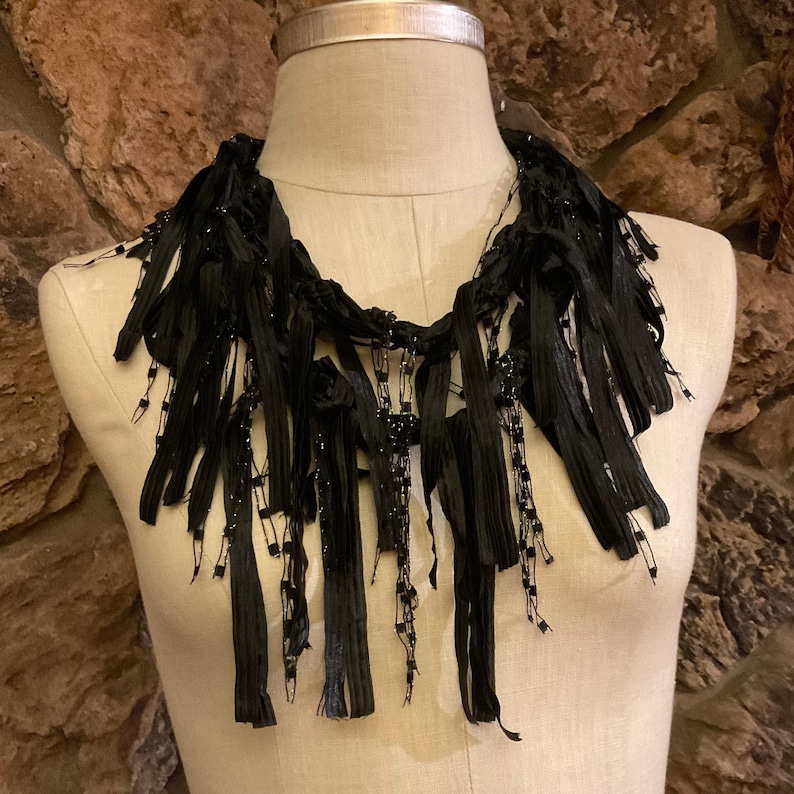 Black scarf with fringes for women, Dress scarf, Boho chic accessories, Ribbon scarf, Elegant gifts for women, Gothic accessory, Lightweight image 5
