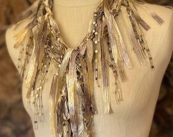 Hand Knitted Gold Ribbon Scarf Necklace, Boho Accessories, Greige Pastel Grey