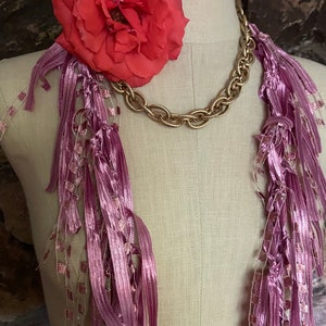 Rose color ribbon scarf, Lightweight scarf necklace , Mauve fabric necklace, Fancy scarf for women, Mother’s Day gift for mom, Elegant scarf