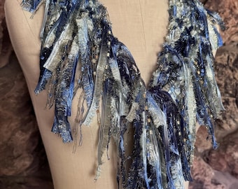 Soft Denim Scarf Necklace, Artsy gifts, Artisan Ribbon Scarf, Boho Fashion Layering Accessory, Sparkly Textile Jewelry