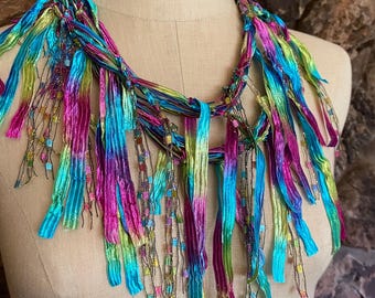 Pretty Multicolor Summer Ribbon Scarf for Women, Colorful Art Lover Gift, Lightweight Fabric Necklace Scarf,