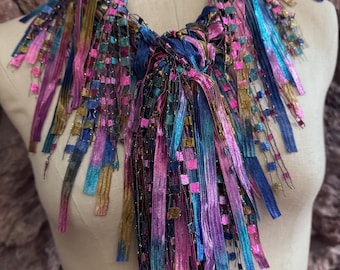 Colorful Showstopper Scarf Necklace, Funky Retro Ribbon Scarf, Eclectic Hippie Accessories