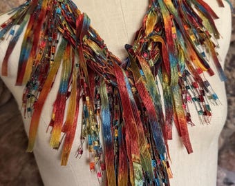 Earth toned scarf necklace, Copper Moss Green and Blue Ribbon Scarf, Art to wear gift