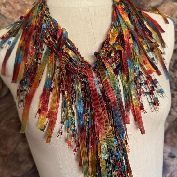 Earth toned scarf necklace, Copper Moss Green and Blue Ribbon Scarf, Art to wear gift