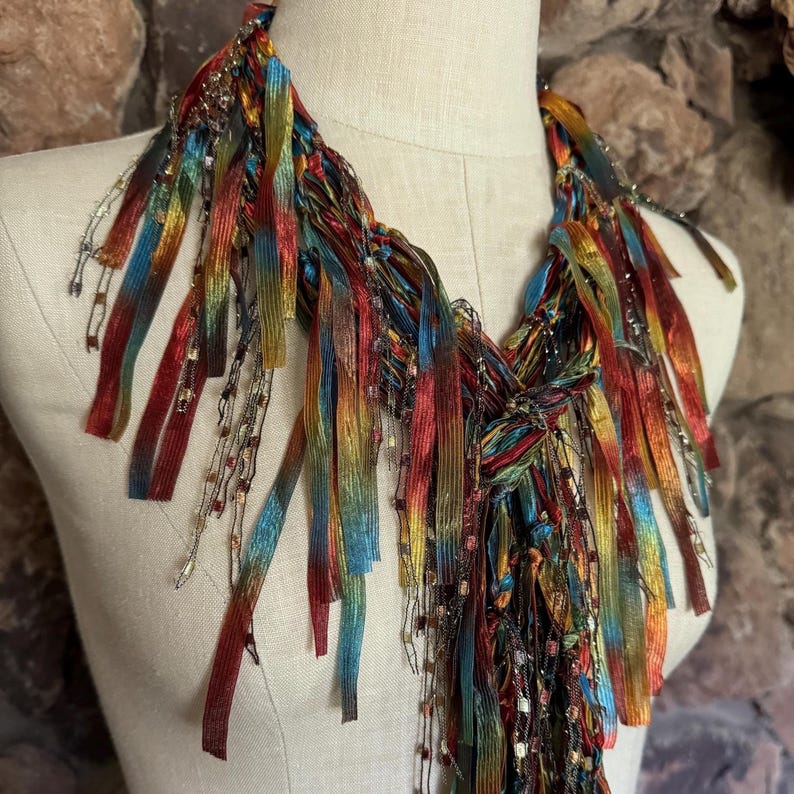 Earth toned scarf necklace, Copper Moss Green and Blue Ribbon Scarf, Art to wear gift image 3
